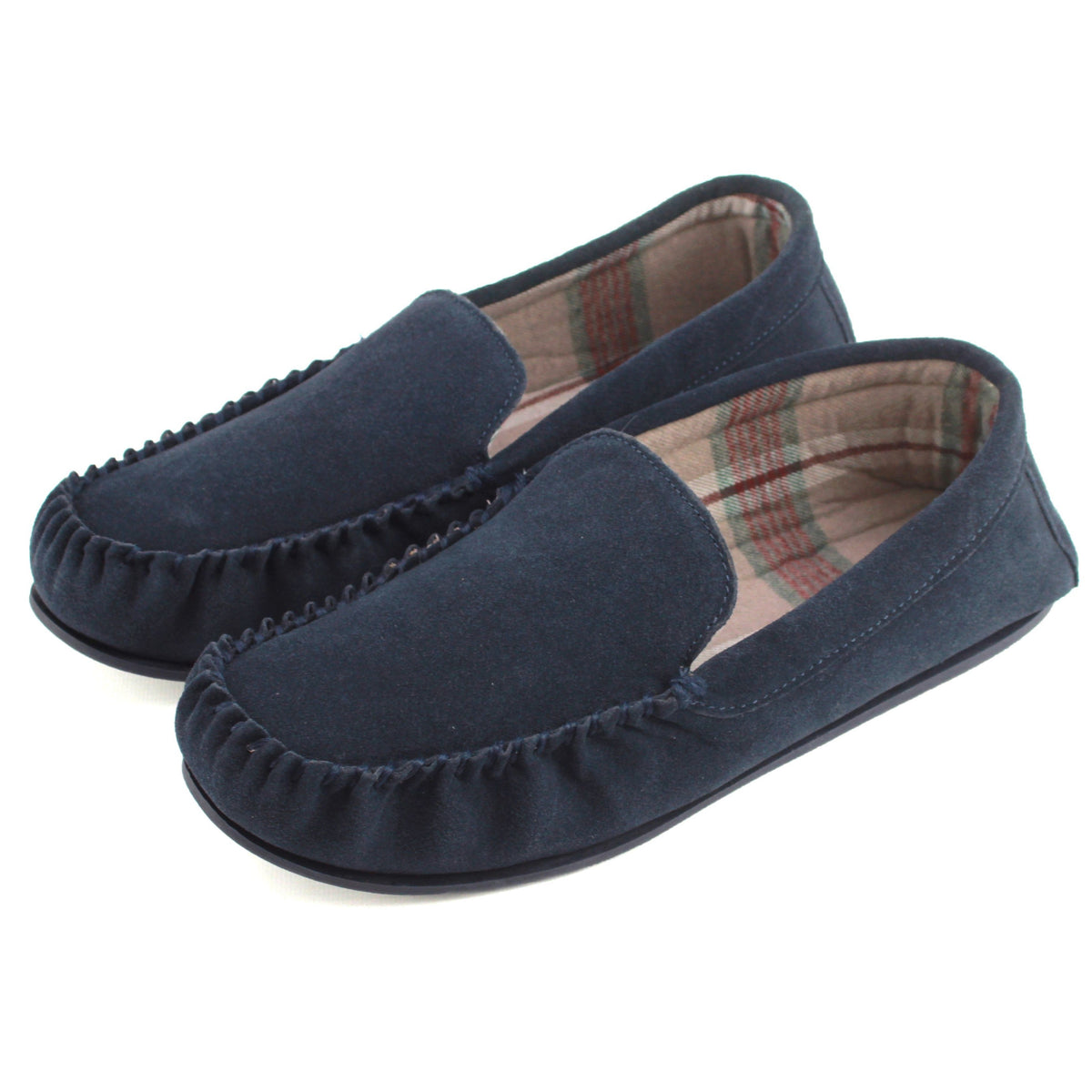 Men's navy suede moccasin slippers with plaid lining and slip-on design