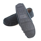 Navy moccasin slippers with patterned TPR sole tread and side profile