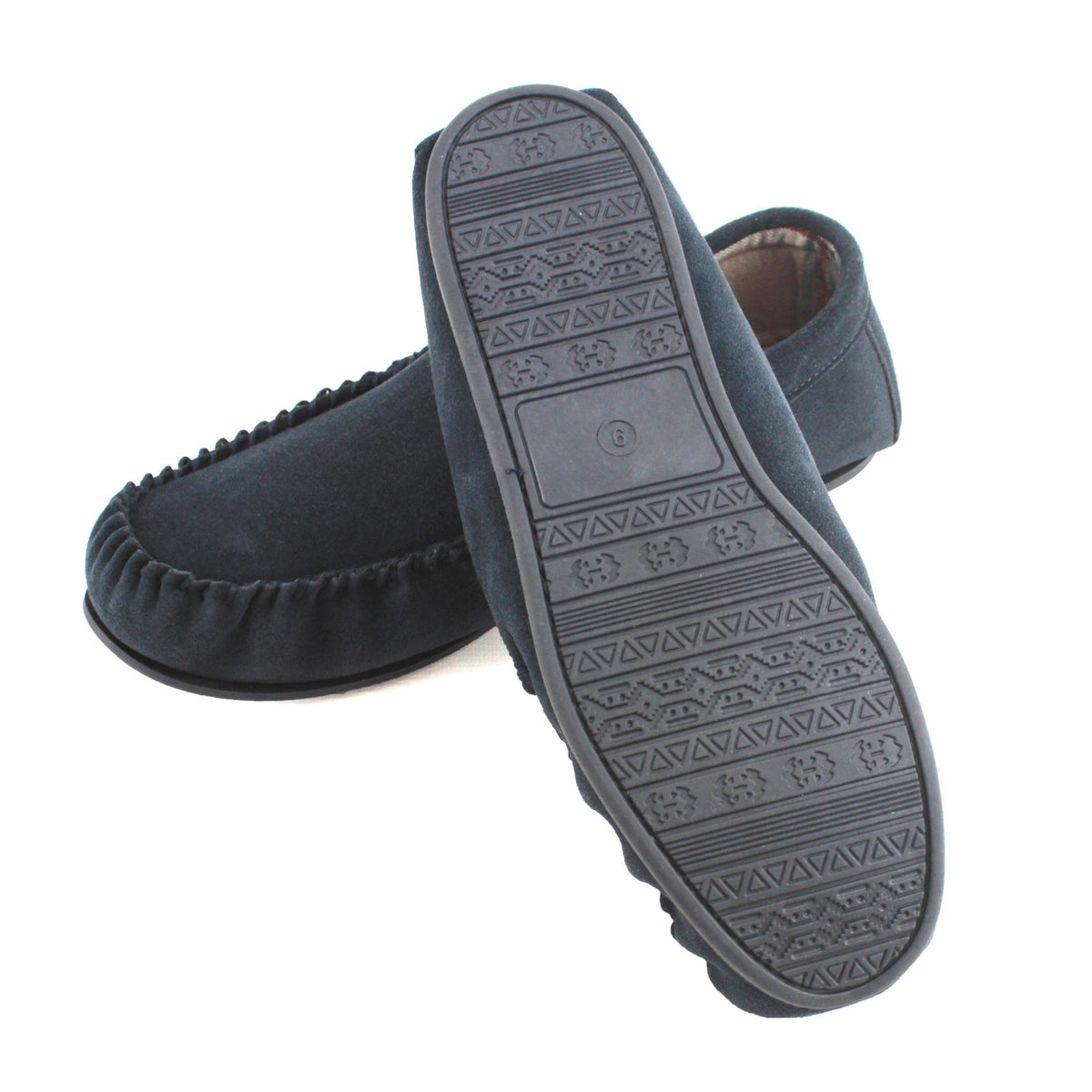 Navy moccasin slippers with patterned TPR sole tread and side profile