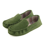 Men's olive plaid-lined moccasin slippers, suede upper, TPR sole