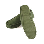 Men's olive moccasin slippers with plaid lining and patterned TPR outsole