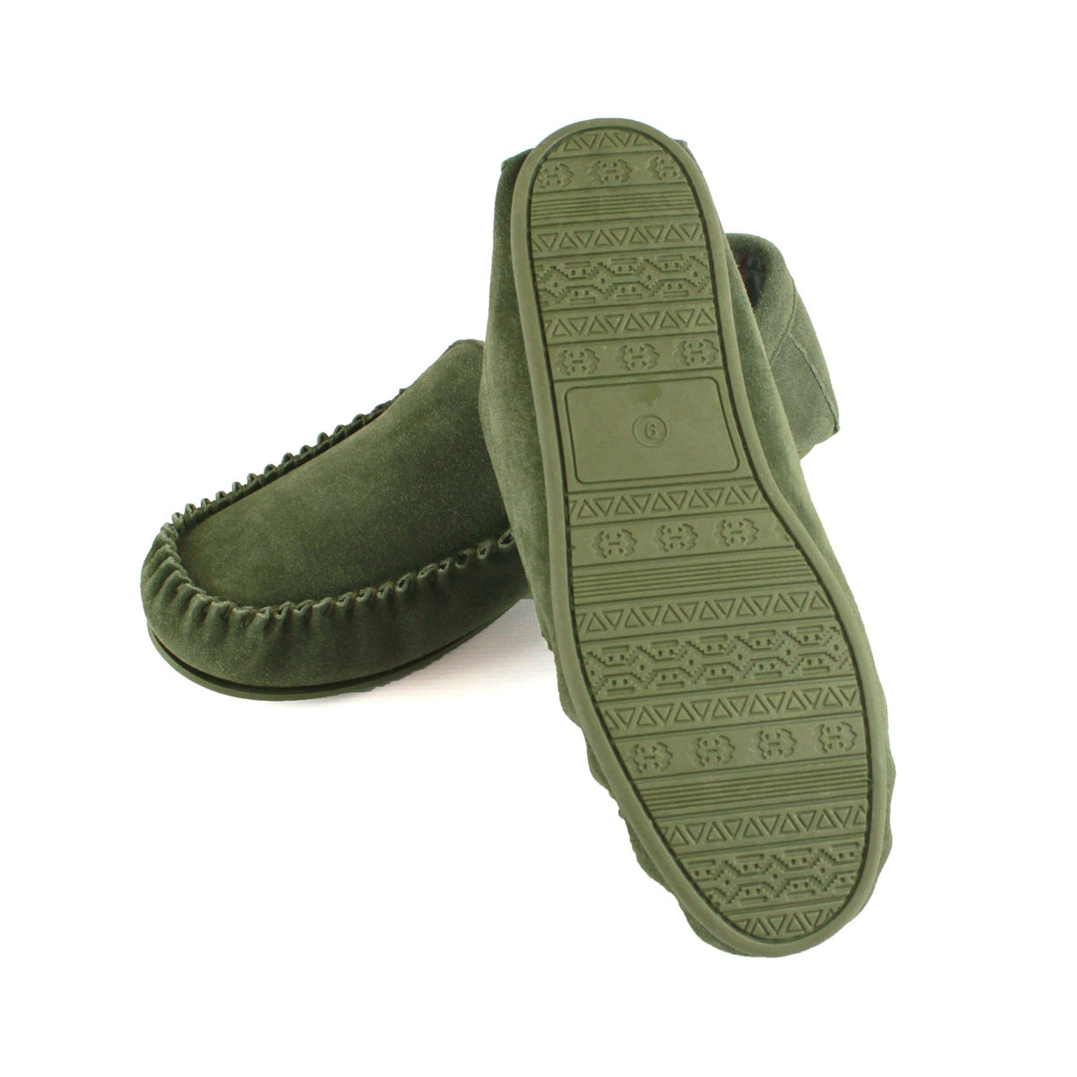 Men's olive moccasin slippers with plaid lining and patterned TPR outsole