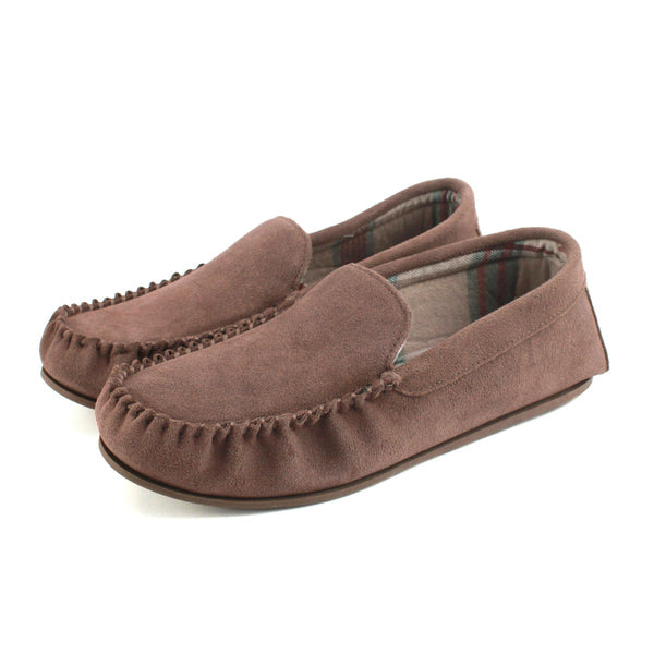 Men's plaid-lined suede moccasin slippers with TPR sole, truffle-brown