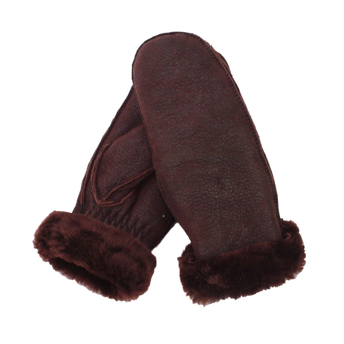 Sheepskin full-hand mittens with dark berry leather and plush fur cuffs, pair set