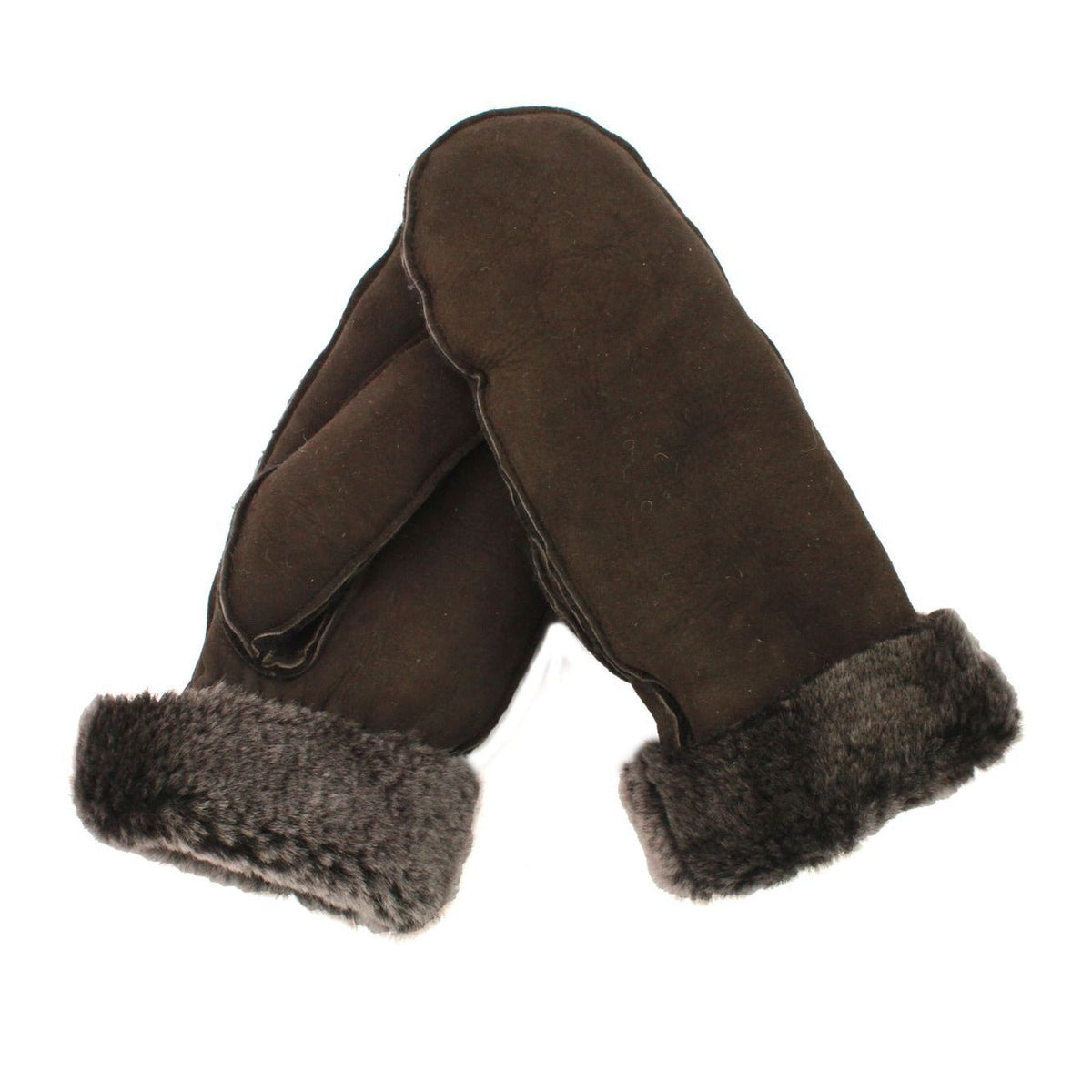 Brown sheepskin full hand mittens with tipped lining and elasticated cuff