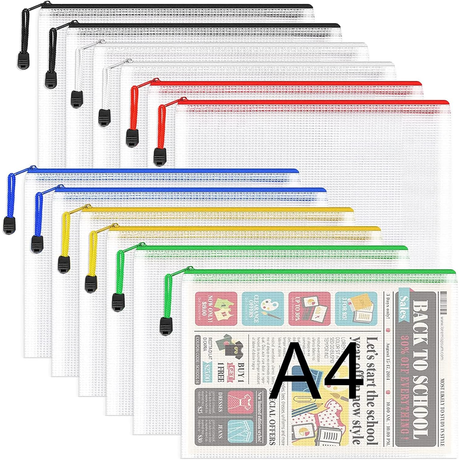 A4 Zipper Pocket File Bags, Clear Storage Pouches, 1 Pair