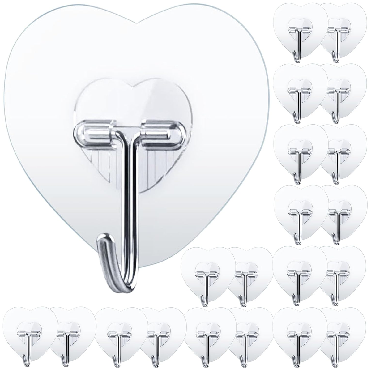 Heart Shaped Adhesive Hooks, Clear Wall Hooks, Pack of 10