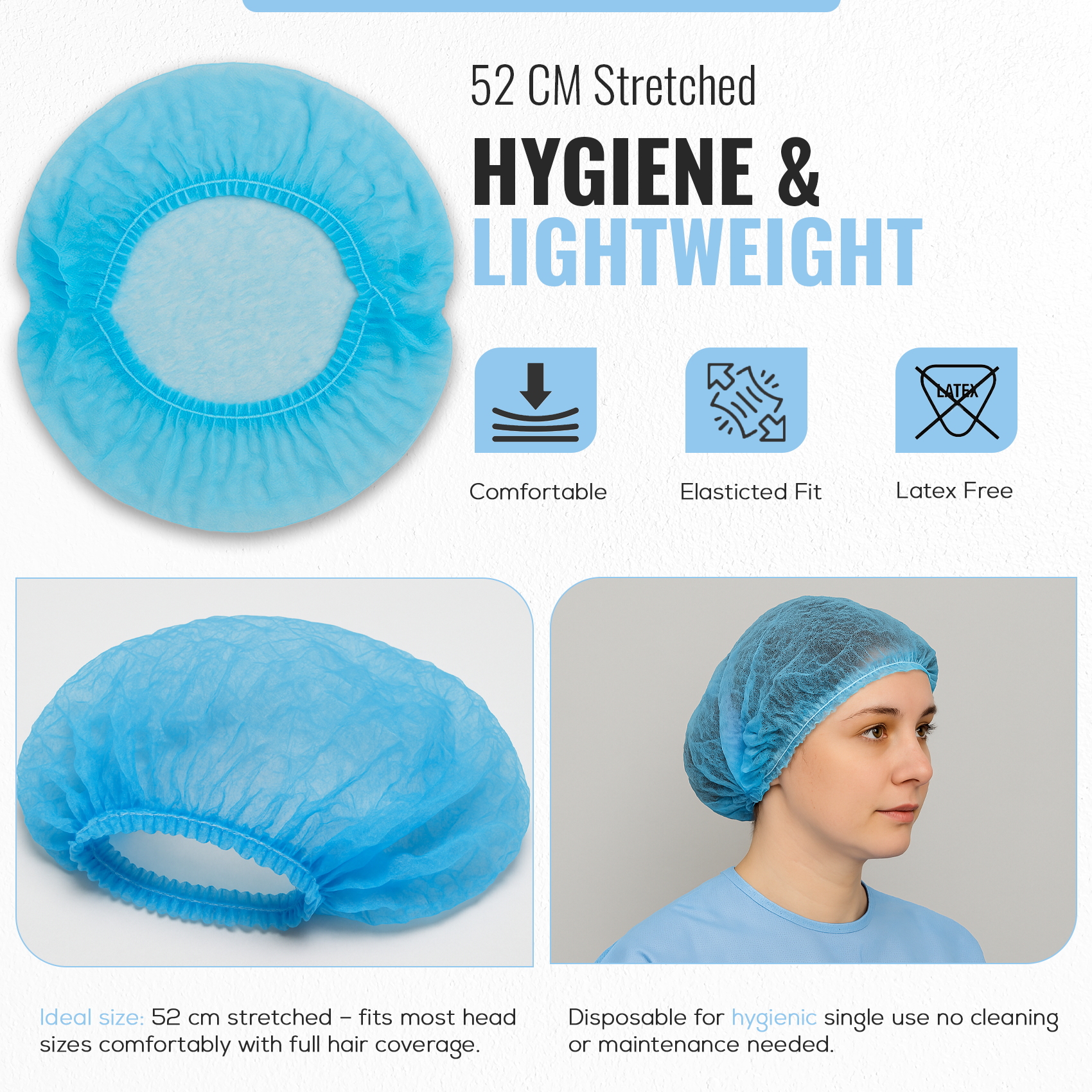 Disposable Non Woven Mob Caps, Elastic Hair Nets, Blue