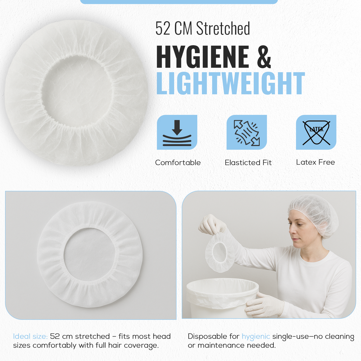 Disposable Non Woven Mob Caps, Elastic Hair Nets, White