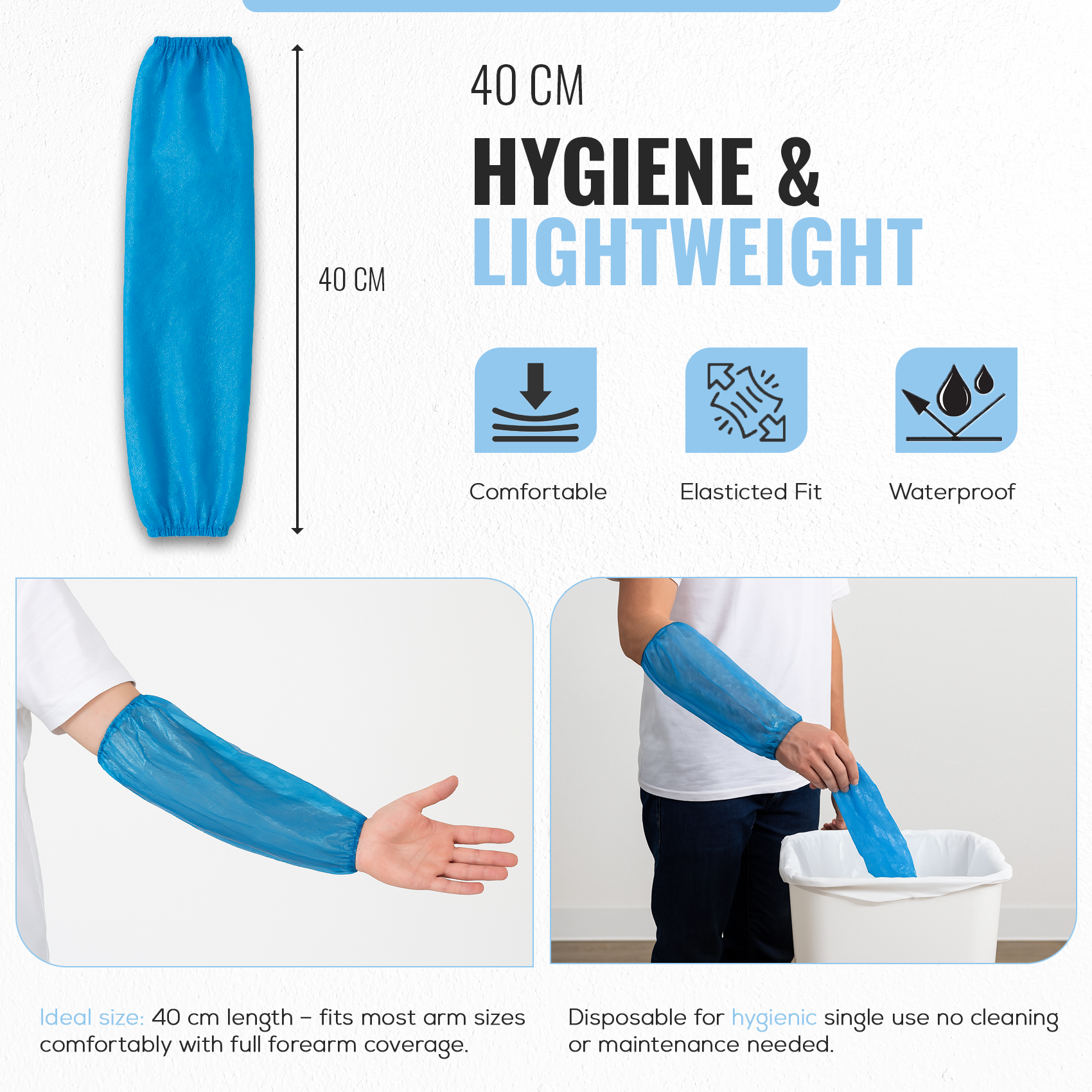 Waterproof Arm Covers, Oversleeves with Elastic Ends, Blue
