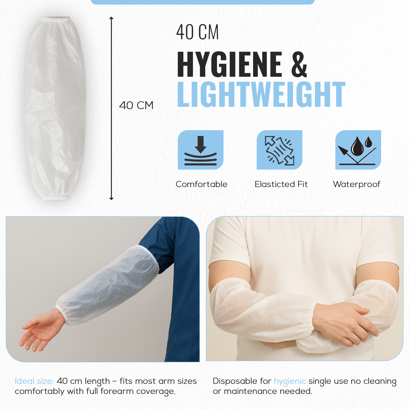 Waterproof Arm Covers, Oversleeves with Elastic Ends, White