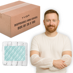 Box of white disposable waterproof arm covers with elastic cuffs, 20 x 100 pack