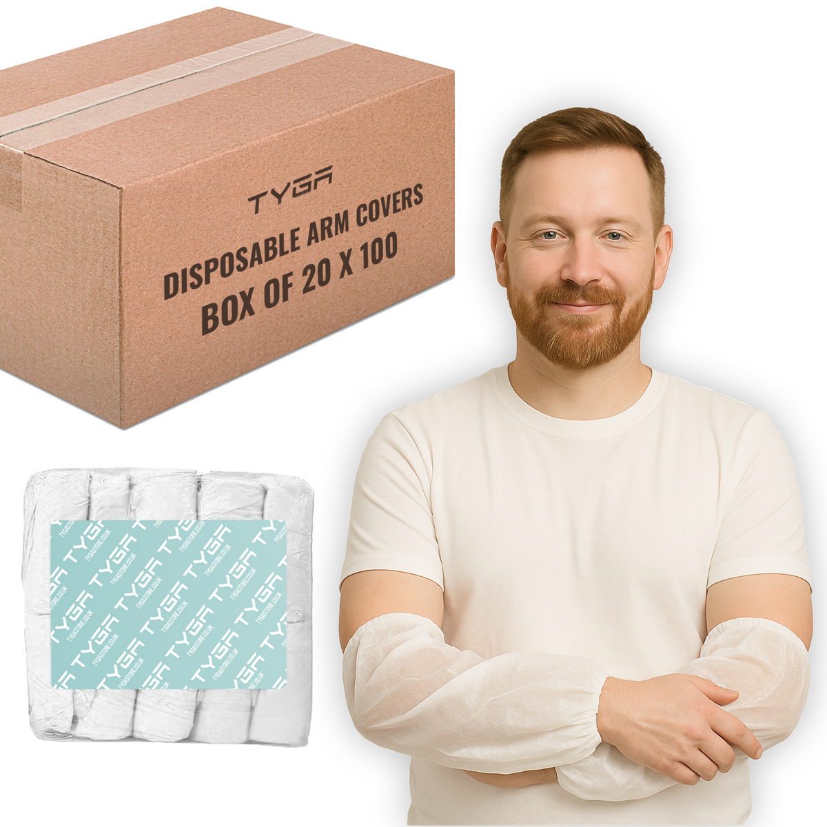 Waterproof Arm Covers, Oversleeves with Elastic Ends, White