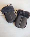 Baby sheepskin mittens with split palm and turn-back cuffs, dark charcoal