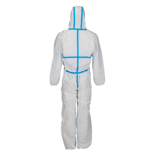 Front view disposable coverall, white with blue taped seams, hood and elastic cuffs