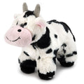 Plush cow soft toy with black-and-white spots, pink snout, floppy ears