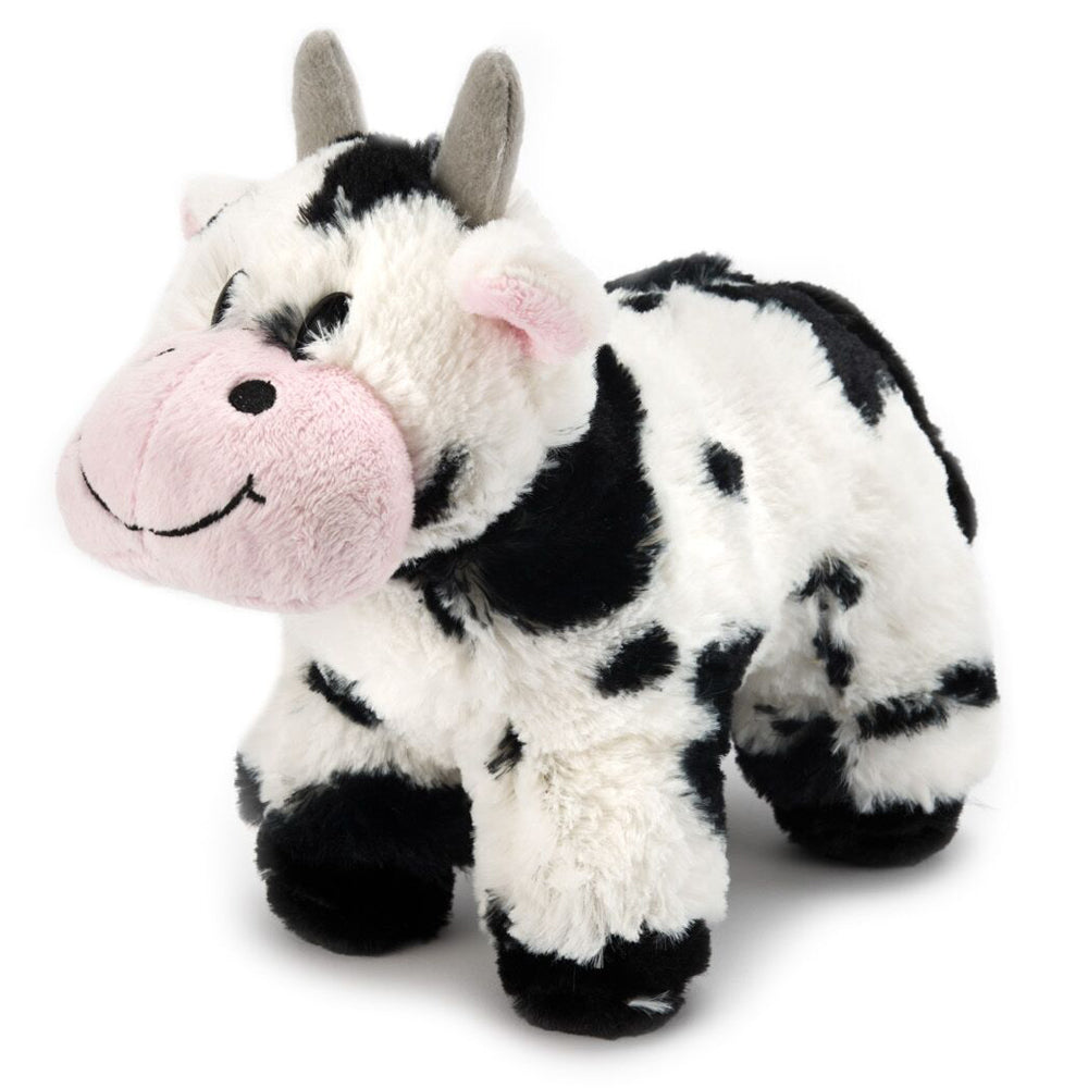 Plush cow soft toy with black-and-white spots, pink snout, floppy ears