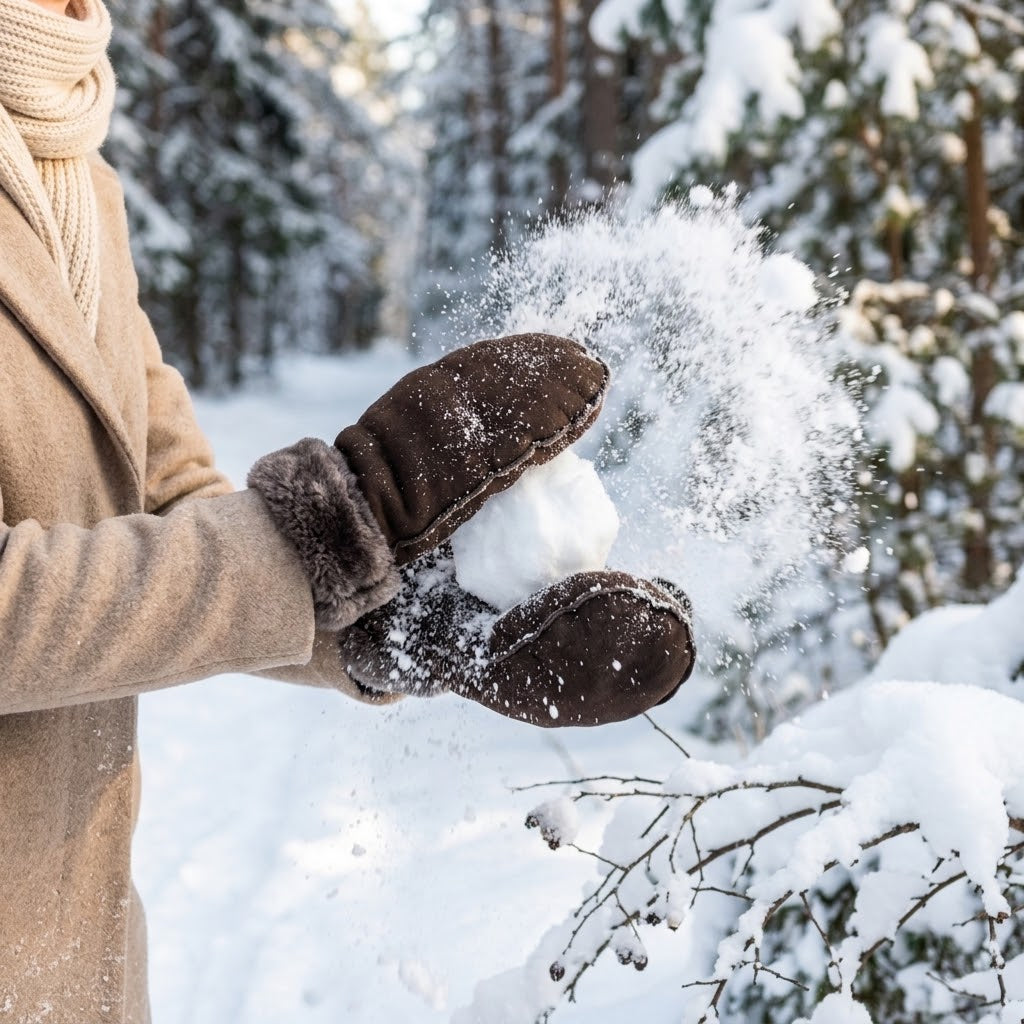 Brown sheepskin mittens worn with fuzzy cuffs, dusted with snow outdoors