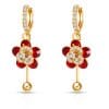 Red Floral Crystal Drop Earrings, Gold Tone Dangle Design