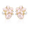 Pink Floral Pearl Earrings, Gold Tone Flower Stud with Crystal Detail
